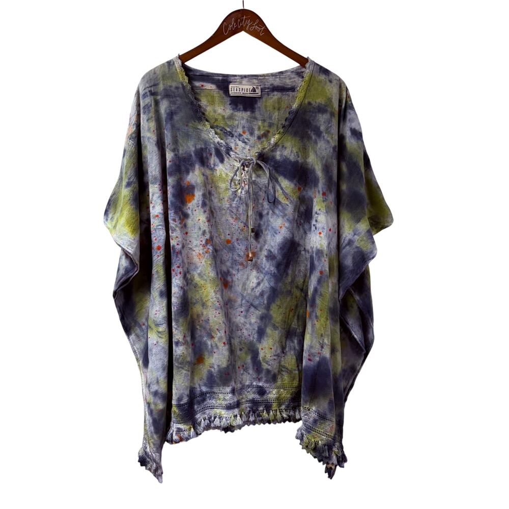 Seaspice Resort Wear Top Blue Tie Dye Fringe Trim XXL